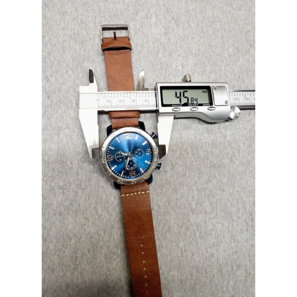 Folio 46mm Blue Silver Tone Watch Brown Leather Band New Battery‎ Chrono Style